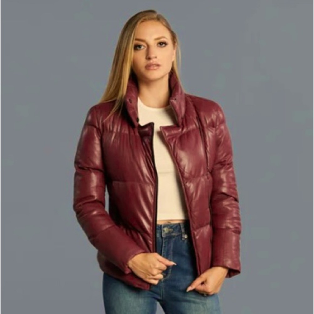 EUC Bod & Christensen 100% lambs leather Puffer Jacket in Black Cherry size S